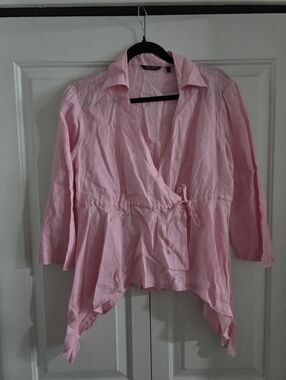 Samuel Dong Pink 100% Linen Wrap Blouse Top Size Extra Large